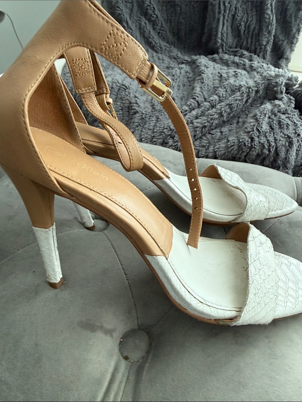 Calvin Klein White and Tan Two-Tone Ankle Strap Heels - Picture 8 of 11